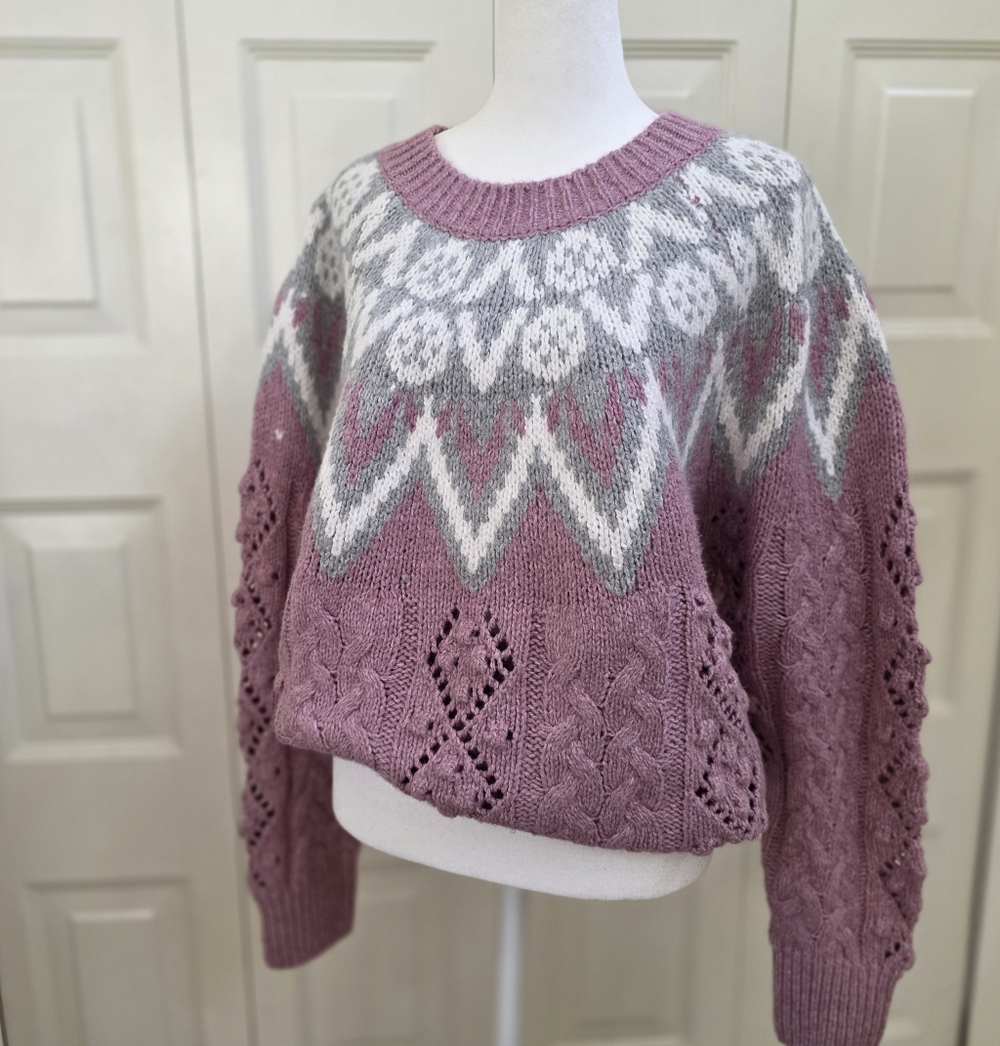 New Lucky Brand Women's Pink Sweater with White Pattern Fairisle Large